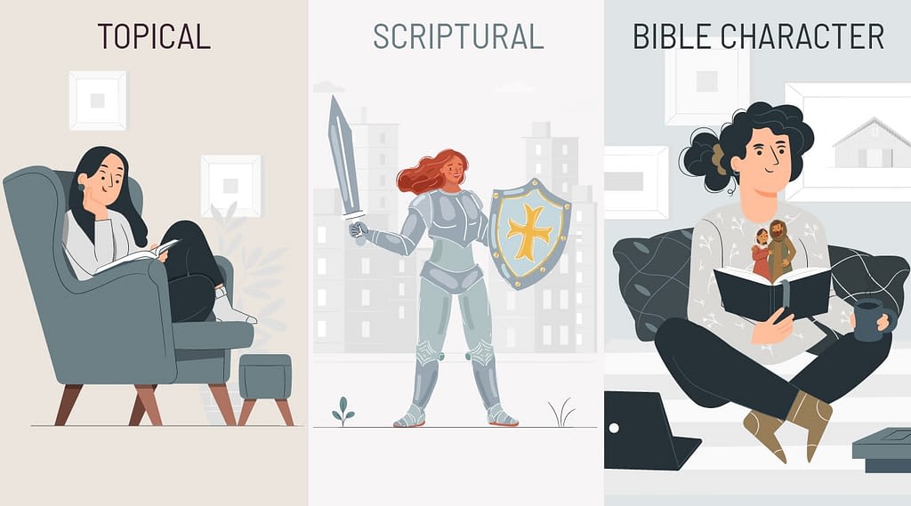 This illustration represents the three different types of women’s Bible studies: topical, scriptural, and Bible character studies.